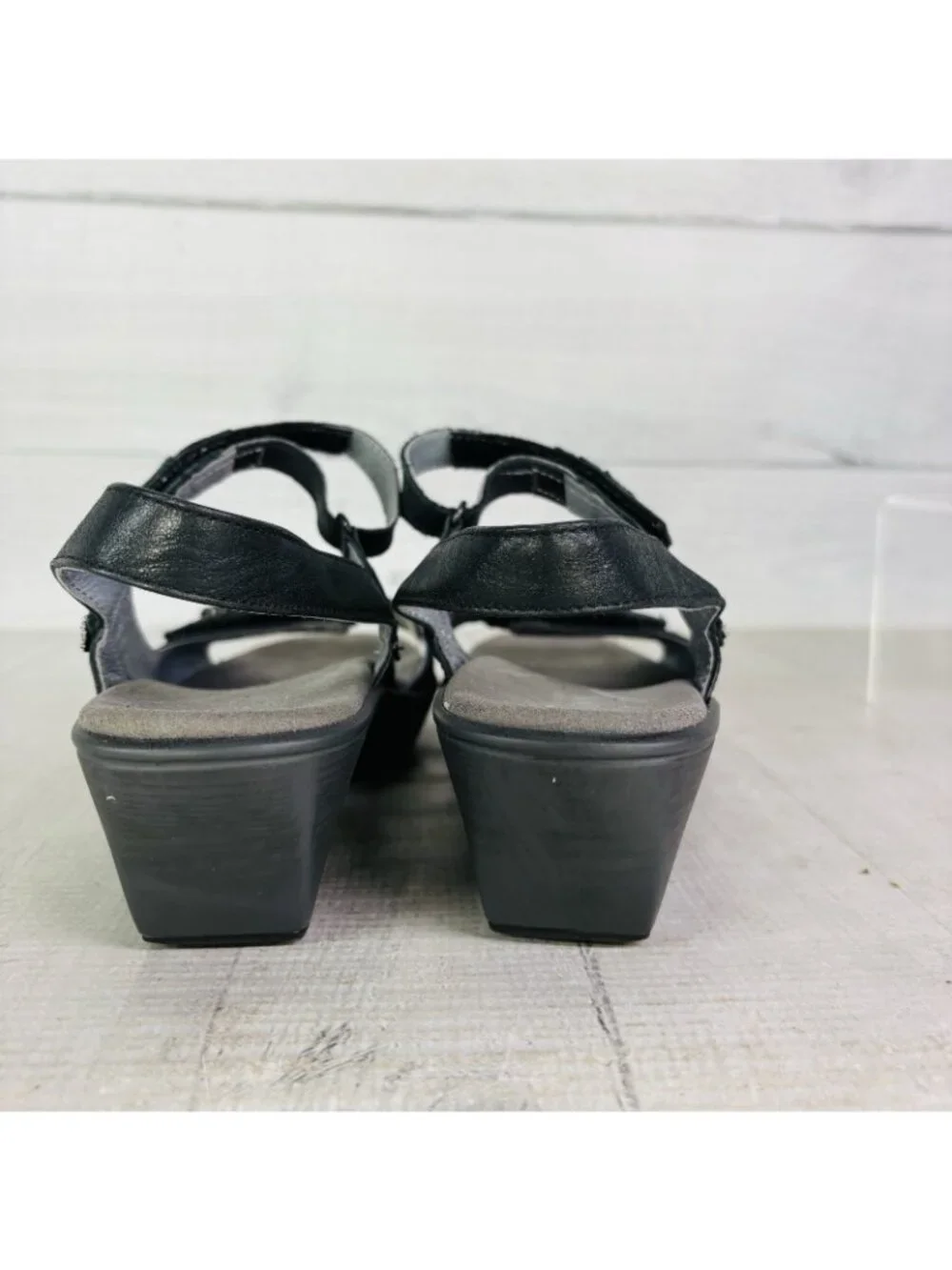 Naot VINEYARD Black Leather Rhinestone Slingback Wedge Heel Sandal Sz 37 US 6.5